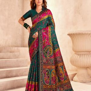 Lustrous Dark Green Nylon Dola Pashmina Saree With Devastating Blouse Piece