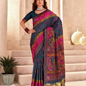 Refreshing Rama Nylon Dola Pashmina Saree With Scrumptious Blouse Piece