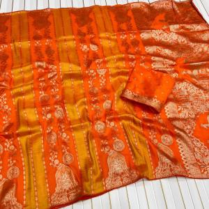 Snazzy Orange Soft Banarasi Tissue Silk Saree With Ethereal Blouse Piece