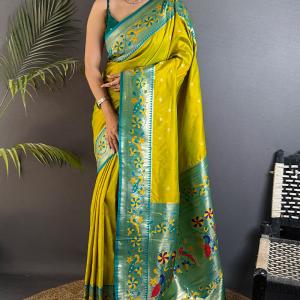 Sempiternal Mustard Paithani Silk Saree With Glittering Blouse Piece