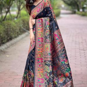 Lovely Black Nylon Dola Pashmina Saree With Precious Blouse Piece
