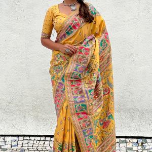 Unequalled Yellow Nylon Dola Pashmina Saree With Designer Blouse Piece