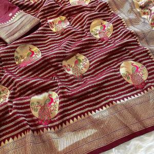 Tremendous Wine Soft Banarasi Silk Saree With Elaborate Blouse Piece