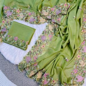 Surpassing Pista Embroidery Work Georgette Saree With Serendipity Blouse Piece