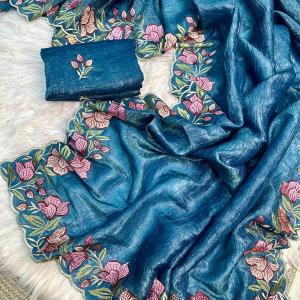 Opulent Blue Embroidery Work Crush Silk Saree With Lagniappe Blouse Piece