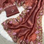 Sophisticated Brown Embroidery Work Crush Silk Saree With Imaginative Blouse Piece