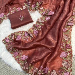 Sophisticated Brown Embroidery Work Crush Silk Saree With Imaginative Blouse Piece