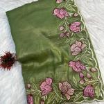 Stunning Green Embroidery Work Crush Silk Saree With Divine Blouse Piece
