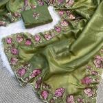 Stunning Green Embroidery Work Crush Silk Saree With Divine Blouse Piece