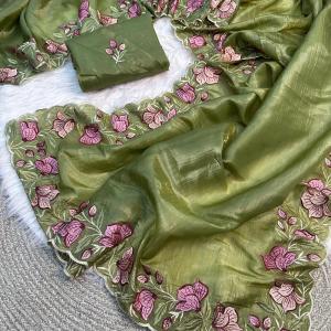 Stunning Green Embroidery Work Crush Silk Saree With Divine Blouse Piece