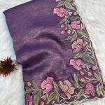 Marvellous Lavender Embroidery Work Crush Silk Saree With Imbrication Blouse Piece