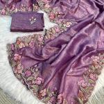 Marvellous Lavender Embroidery Work Crush Silk Saree With Imbrication Blouse Piece
