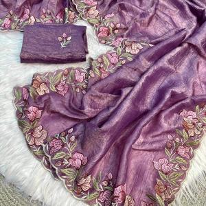 Marvellous Lavender Embroidery Work Crush Silk Saree With Imbrication Blouse Piece