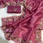 Ornate Pink Embroidery Work Crush Silk Saree With Panache Blouse Piece