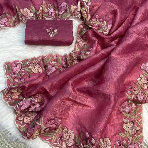 Ornate Pink Embroidery Work Crush Silk Saree With Panache Blouse Piece