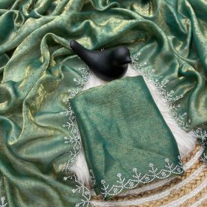 Pleasant Sea Green Swarovski Work Fandy Silk Saree With Phenomenal Blouse Piece