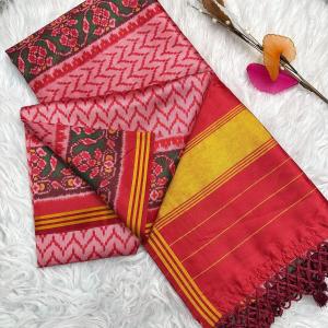 Unequalled Pink Ikkat Printed Patola Silk Saree With Panoply Blouse Piece