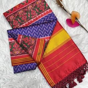 Gossamer Royal Blue Ikkat Printed Patola Silk Saree With Grandiose Blouse Piece