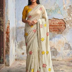 Fragrant Beige Embroidery Work Viscose Saree With Most Flattering Blouse Piece