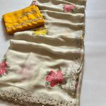 Fragrant Beige Embroidery Work Viscose Saree With Most Flattering Blouse Piece