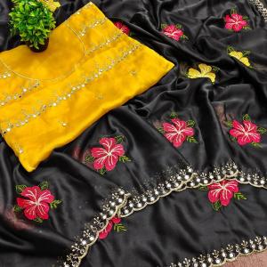 Sensational Black Embroidery Work Viscose Saree With Super extravagant Blouse Piece