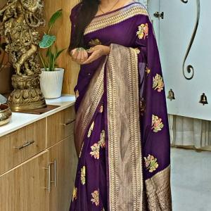 Sumptuous Purple Banarasi Dola Silk Saree With Intricate Blouse Piece