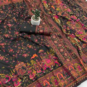 Mellifluous Black Pashmina Silk Saree With Ailurophile Blouse Piece