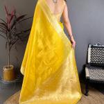 Unique Golden Banarasi Tissue Silk Saree With Diaphanous Blouse Piece