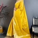 Unique Golden Banarasi Tissue Silk Saree With Diaphanous Blouse Piece