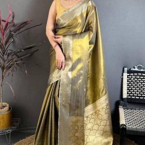 Ebullience Mehndi Banarasi Tissue Silk Saree With Pleasurable Blouse Piece