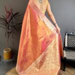 Stunning Peach Banarasi Tissue Silk Saree With Palimpsest Blouse Piece