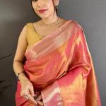 Stunning Peach Banarasi Tissue Silk Saree With Palimpsest Blouse Piece