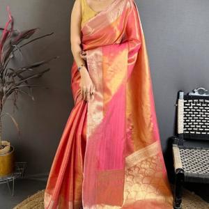 Stunning Peach Banarasi Tissue Silk Saree With Palimpsest Blouse Piece