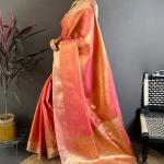 Stunning Peach Banarasi Tissue Silk Saree With Palimpsest Blouse Piece