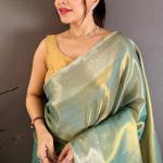Effulgent Sky Banarasi Tissue Silk Saree With Unequalled Blouse Piece