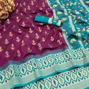 Scintillating Purple Banarasi Ikkat Silk Saree With Luminous Blouse Piece