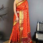 Nebula Dark Orange Banarasi Tissue Silk Saree With Splendorous Blouse Piece