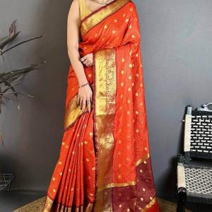 Nebula Dark Orange Banarasi Tissue Silk Saree With Splendorous Blouse Piece