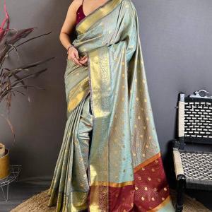Glorious Grey Banarasi Tissue Silk Saree With Classy Blouse Piece