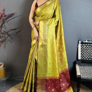 Wonderful Mehndi Banarasi Tissue Silk Saree With Radiant Blouse Piece