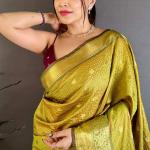 Wonderful Mehndi Banarasi Tissue Silk Saree With Radiant Blouse Piece