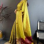 Wonderful Mehndi Banarasi Tissue Silk Saree With Radiant Blouse Piece