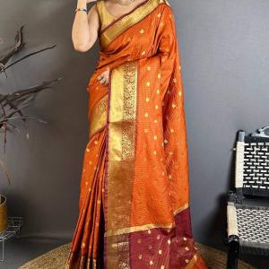 Exceptional Orange Banarasi Tissue Silk Saree With Jazzy Blouse Piece