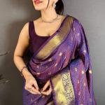Divine Purple Banarasi Tissue Silk Saree With Innovative Blouse Piece