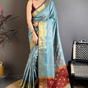 Ineffable Sky Banarasi Tissue Silk Saree With Tremendous Blouse Piece