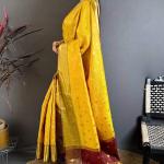 Pleasant Yellow Banarasi Tissue Silk Saree With Tantalizing Blouse Piece