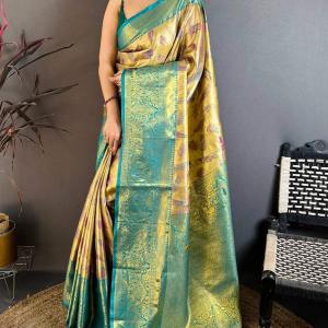 Gossamer Golden Kanjivaram Silk Saree With Lustrous Blouse Piece