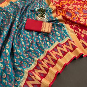 Supernal Firozi Banarasi Ikkat Silk Saree With Refreshing Blouse Piece