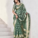 Flattering Green Zari Weaving Linen Silk Saree With Embrocation Blouse Piece
