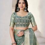 Flattering Green Zari Weaving Linen Silk Saree With Embrocation Blouse Piece